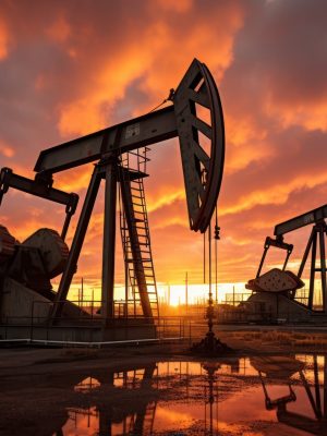 Oil pumps work rhythmically against the backdrop of  dusky sky.
